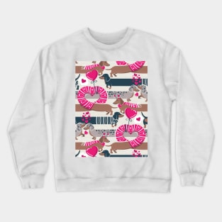 Dachshunds long love // beige background fuchsia pink hearts scarves sweaters and other Valentine's Day details brown nile blue and dark grey spotted funny doxies dog puppies Crewneck Sweatshirt